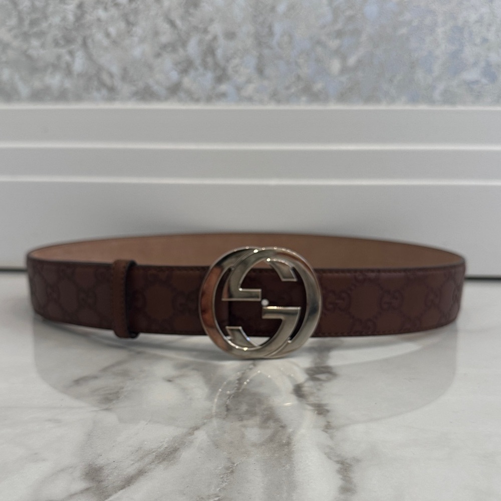 Gucci Brown Monogram Belt with Silver GG Buckle